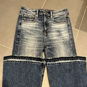 EUC American eagle super stretch flare distressed jeans raw hem